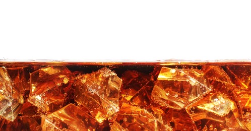 Photo of Refreshing cola with ice isolated on white