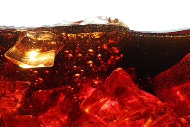 Photo of Refreshing cola with ice isolated on white