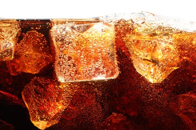 Photo of Refreshing cola with ice isolated on white