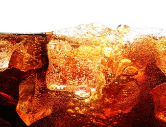 Photo of Refreshing cola with ice isolated on white