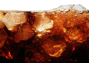 Photo of Refreshing cola with ice isolated on white