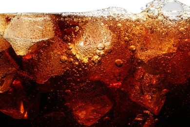 Photo of Refreshing cola with ice isolated on white