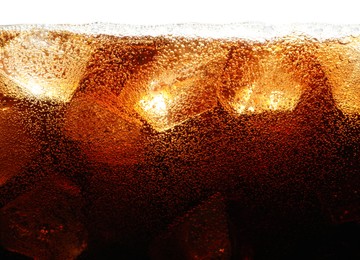 Photo of Refreshing cola with ice on white background, closeup