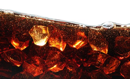 Photo of Refreshing cola with ice isolated on white