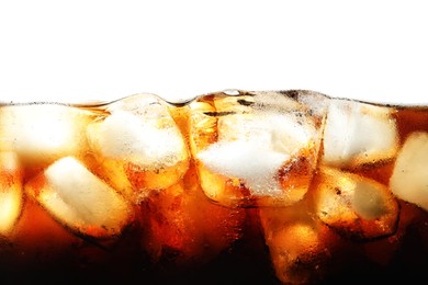 Photo of Refreshing cola with ice isolated on white