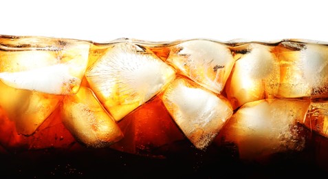 Photo of Refreshing cola with ice isolated on white