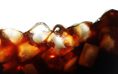 Photo of Refreshing cola with ice isolated on white