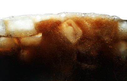 Photo of Refreshing cola with ice on white background, closeup