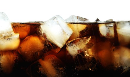 Photo of Refreshing cola with ice isolated on white, closeup