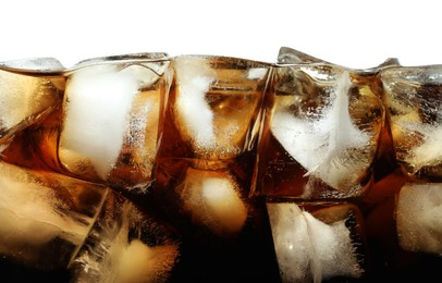 Photo of Refreshing cola with ice isolated on white, closeup