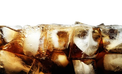 Photo of Refreshing cola with ice isolated on white, closeup
