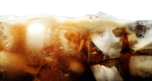 Photo of Refreshing cola with ice isolated on white, closeup