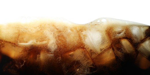 Photo of Refreshing cola with ice isolated on white, closeup