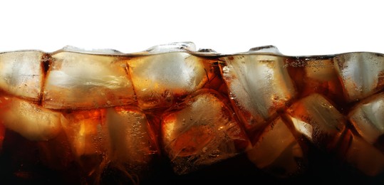 Photo of Refreshing cola with ice isolated on white, closeup