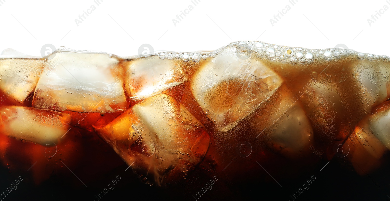 Refreshing cola with ice isolated on white, closeup Photo of Refreshing cola with ice isolated on white, closeup