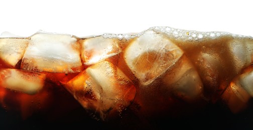 Photo of Refreshing cola with ice isolated on white, closeup