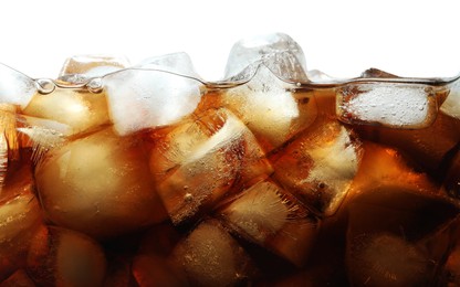 Photo of Refreshing cola with ice isolated on white, closeup