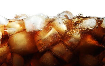 Photo of Refreshing cola with ice isolated on white, closeup