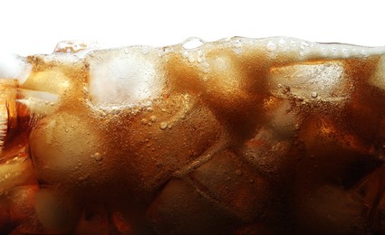 Photo of Refreshing cola with ice isolated on white, closeup