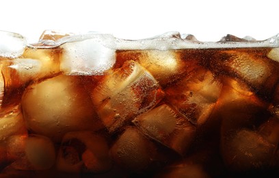Photo of Refreshing cola with ice isolated on white, closeup
