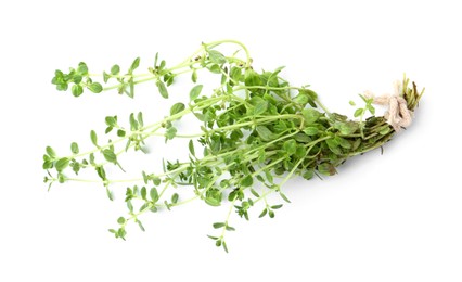 Photo of Twigs of fresh green thyme isolated on white, top view