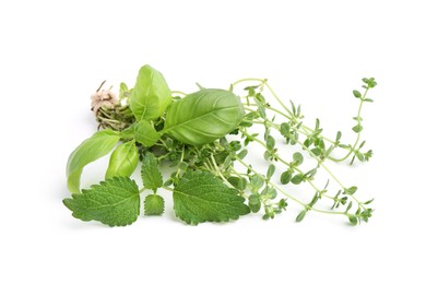 Photo of Different fresh green herbs isolated on white