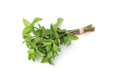 Photo of Twigs of fresh green mint isolated on white, top view