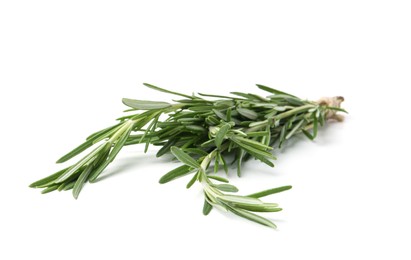 Photo of Twigs of fresh green rosemary isolated on white