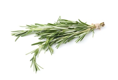Photo of Twigs of fresh green rosemary isolated on white, top view