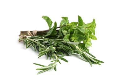 Photo of Different fresh green herbs isolated on white