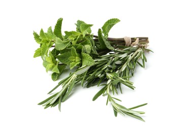 Photo of Different fresh green herbs isolated on white
