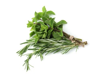 Photo of Different fresh green herbs isolated on white, top view