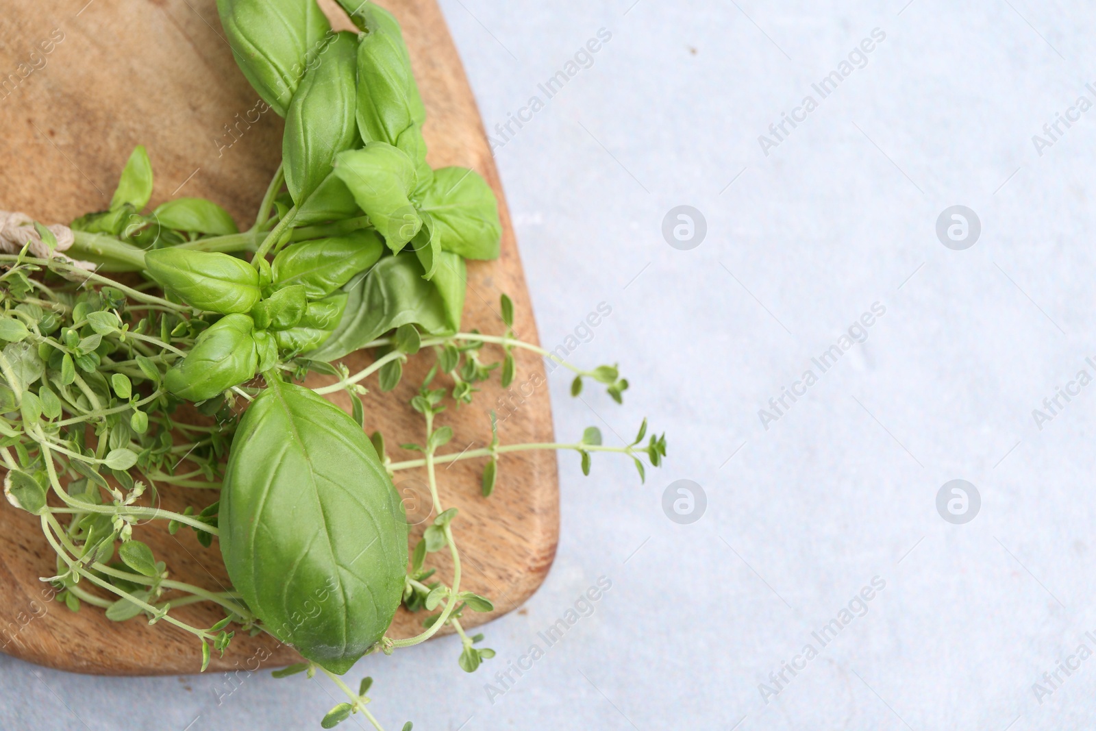 Photo of Different fresh green herbs on light grey table, top view. Space for text