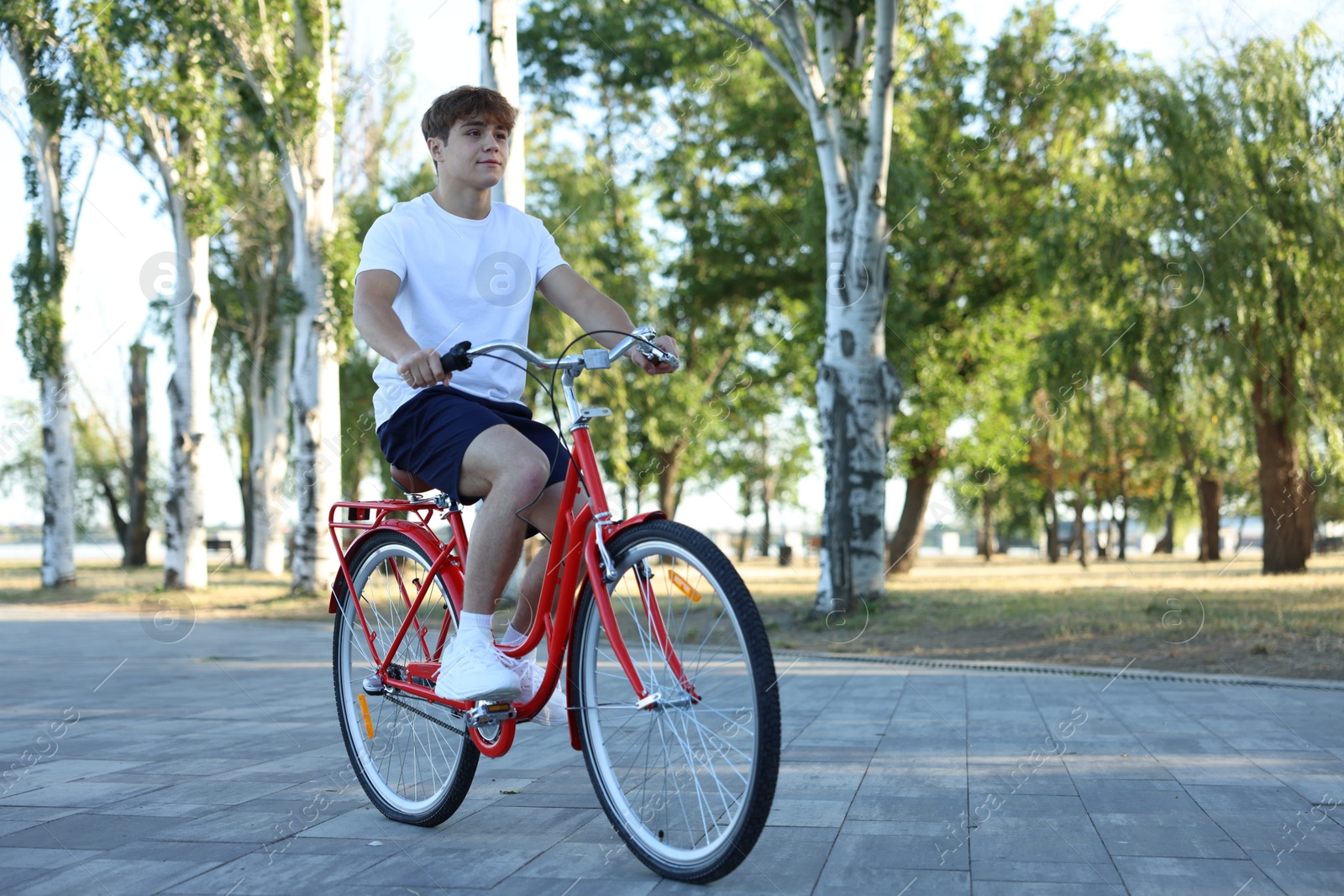 Photo of Teenage boy riding bicycle on city street, space for text