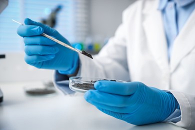 Photo of Scientist taking soil sample for research at white table in laboratory, closeup