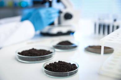 Photo of Scientist working at white table in laboratory, focus on Petri dishes with soil samples