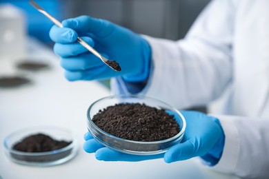 Photo of Scientist taking soil sample for research at white table in laboratory, closeup