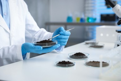 Photo of Scientist taking soil sample for research at white table in laboratory, closeup