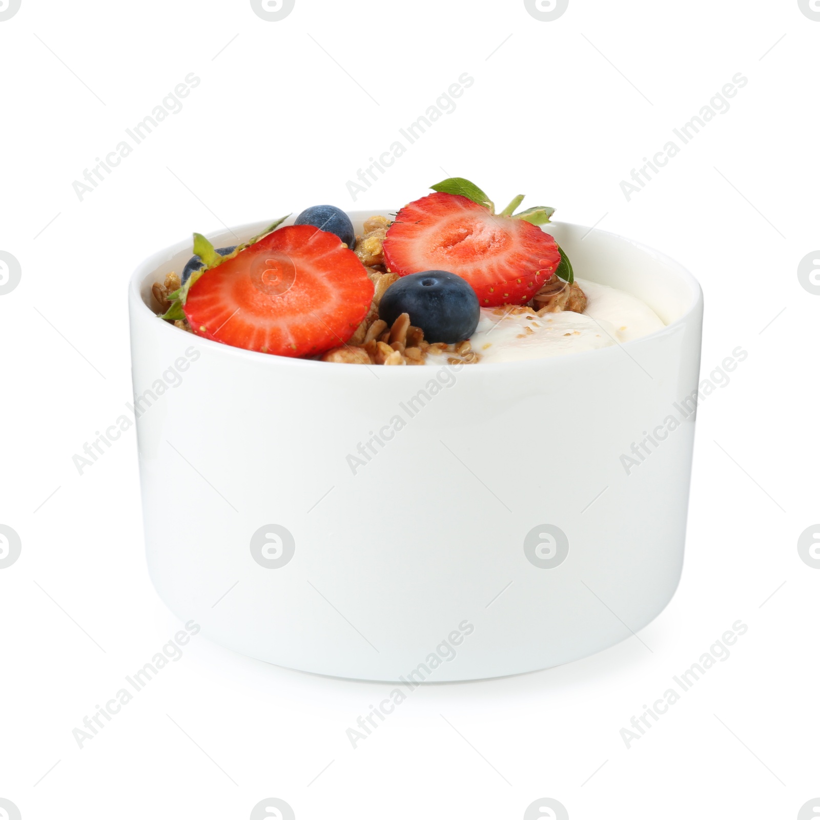 Tasty yogurt with granola and berries isolated on white Photo of Tasty yogurt with granola and berries isolated on white