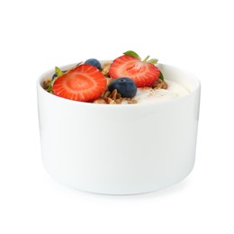 Photo of Tasty yogurt with granola and berries isolated on white