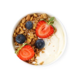 Photo of Tasty yogurt with granola and berries isolated on white, top view