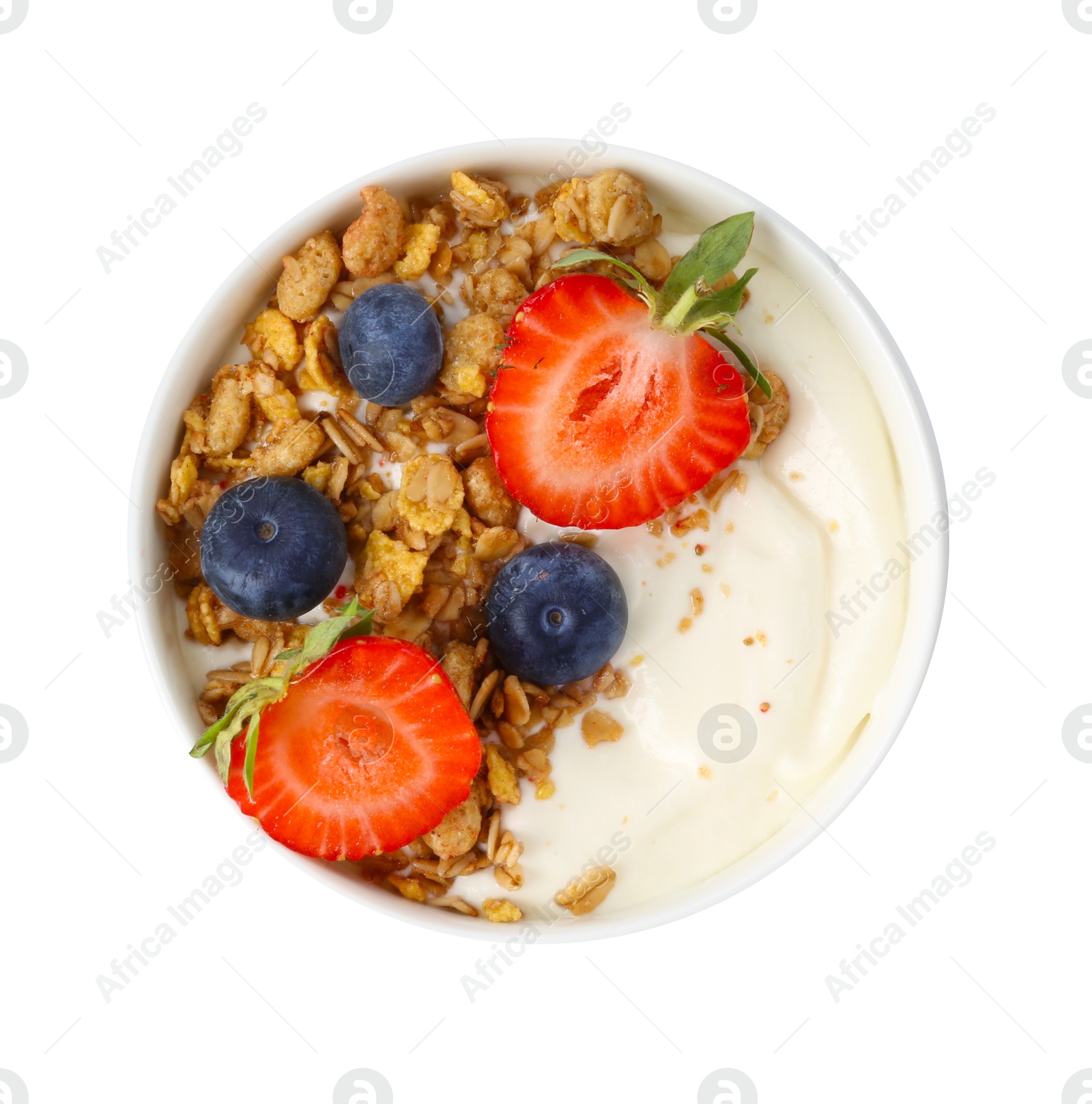 Photo of Tasty yogurt with granola and berries isolated on white, top view