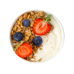 Photo of Tasty yogurt with granola and berries isolated on white, top view