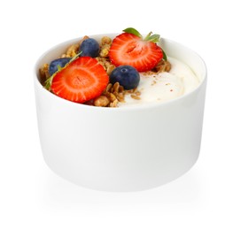 Photo of Tasty yogurt with granola and berries isolated on white