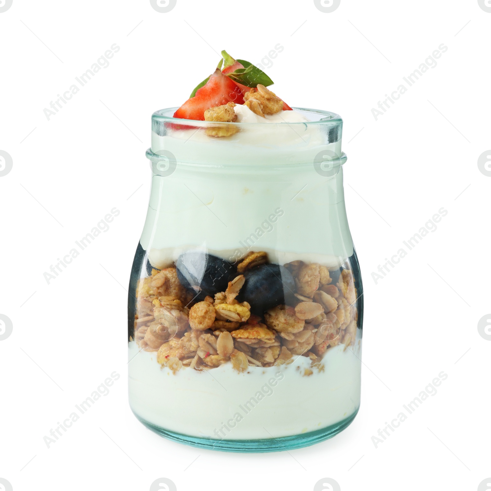 Tasty yogurt with granola and berries in glass jar isolated on white Photo of Tasty yogurt with granola and berries in glass jar isolated on white