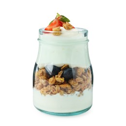 Photo of Tasty yogurt with granola and berries in glass jar isolated on white