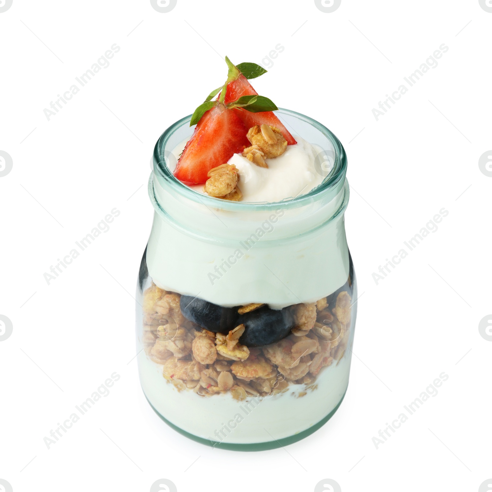 Photo of Tasty yogurt with granola and berries in glass jar isolated on white