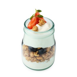 Photo of Tasty yogurt with granola and berries in glass jar isolated on white