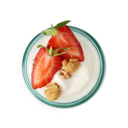 Photo of Tasty yogurt with granola and strawberry in glass jar isolated on white, top view