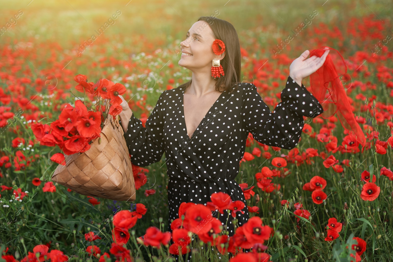Smiling woman with bag and handkerchief among red poppy flowers in morning wildflower meadow Photo of Smiling woman with bag and handkerchief among red poppy flowers in morning wildflower meadow